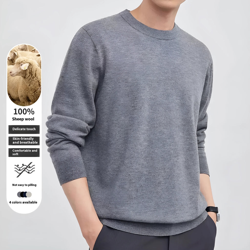Men's regular-fit pullover sweater in light camel colour, made from standard wool yarn.