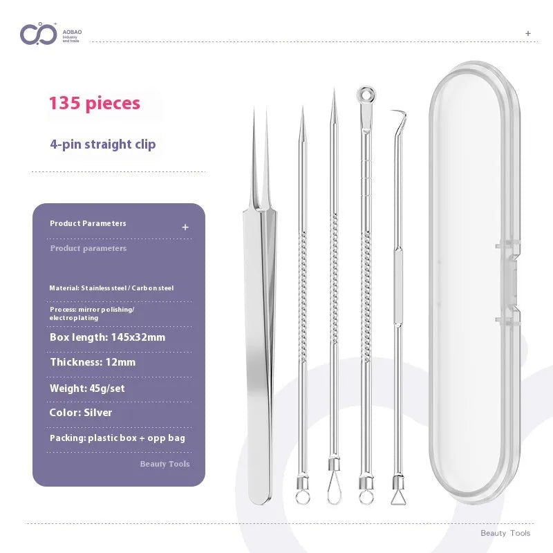 Four silver metal acne needles with pointed tips laid out on a surface.