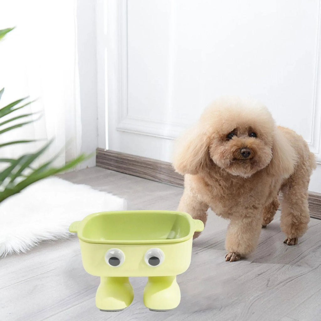 Green robot elevated cat bowl with tilted design and anti-slip base for pet feeding
