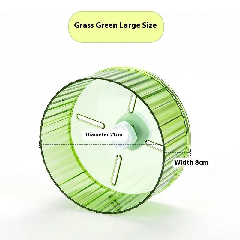 A 21cm diameter plastic parrot running wheel toy in a choice of transparent, green, grey, orange, or purple colours.