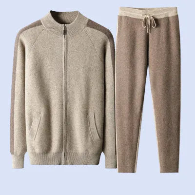 Men's navy blue cashmere wool blend sports cardigan suit with zip-up jacket and trousers for winter leisure wear
