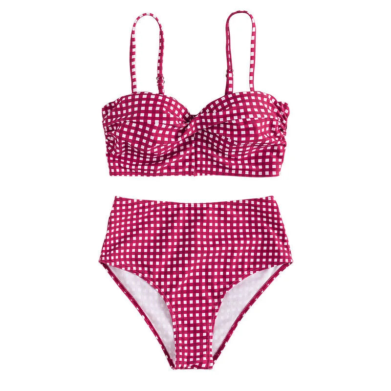Women's high-waisted plaid bikini swimsuit in rose red, black, blue, or sky blue
