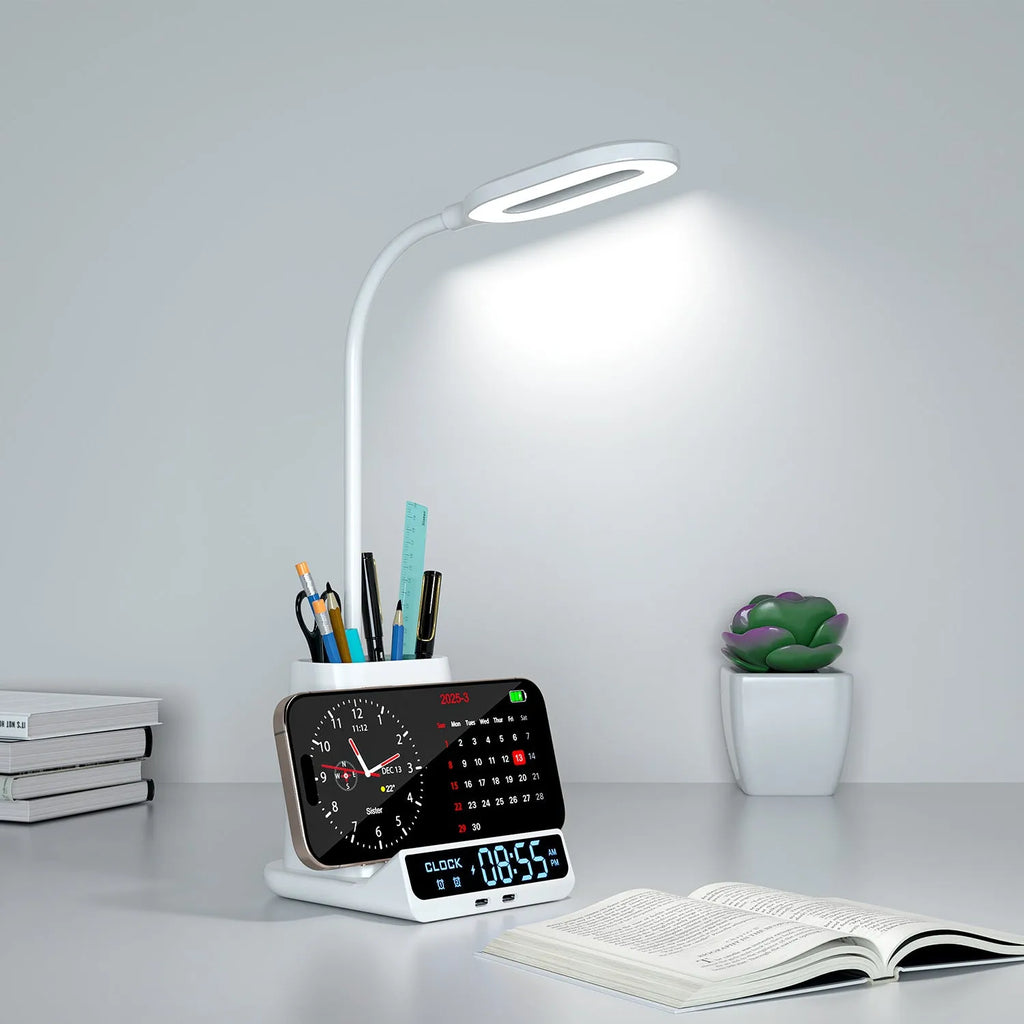 Wireless charging desk lamp with pen holder and storage compartment in modern design