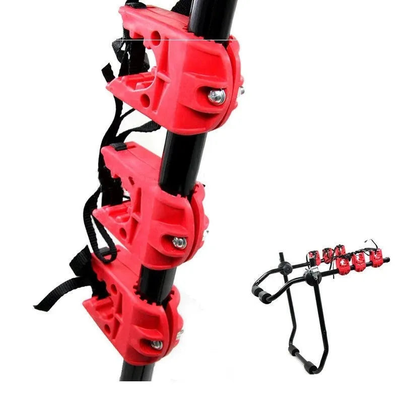 Black and red trunk-mounted car bike holder rack showing tie rope and pull belt fastening options