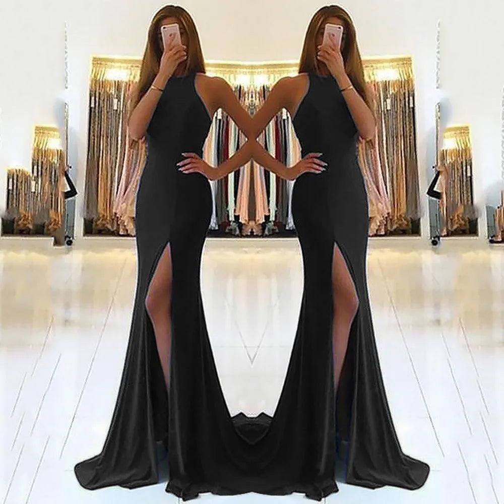Long red knitted evening dress with hollow design elements and large swing skirt