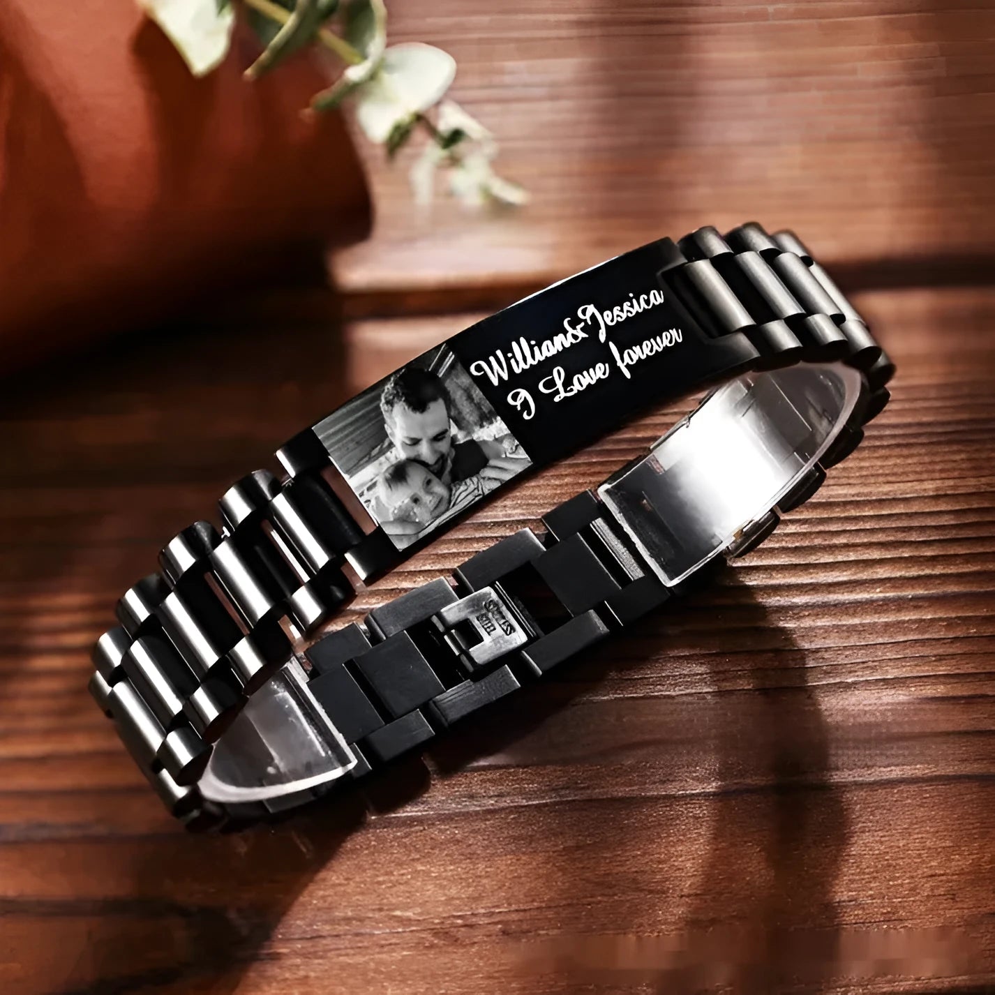 Men's stainless steel bracelet with curved heart shape and engraved lettering in gift box