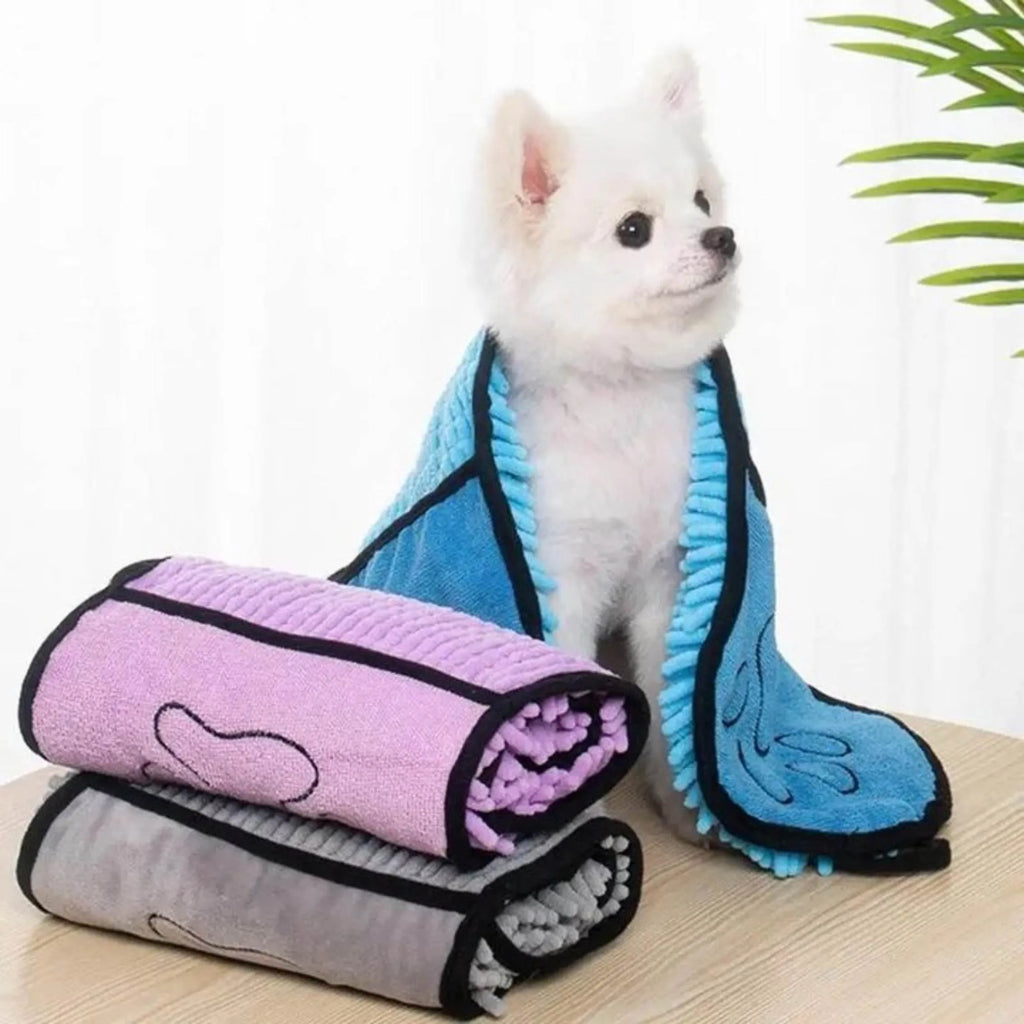 Blue pet bath robe towel with absorbent quick-dry fibre, shown at 62 cm by 23 cm size.