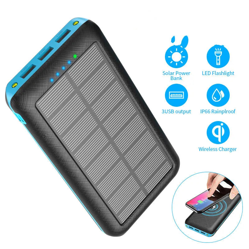 Black portable power bank with Qi wireless charging pad, three USB ports, and an LED flashlight on the front.