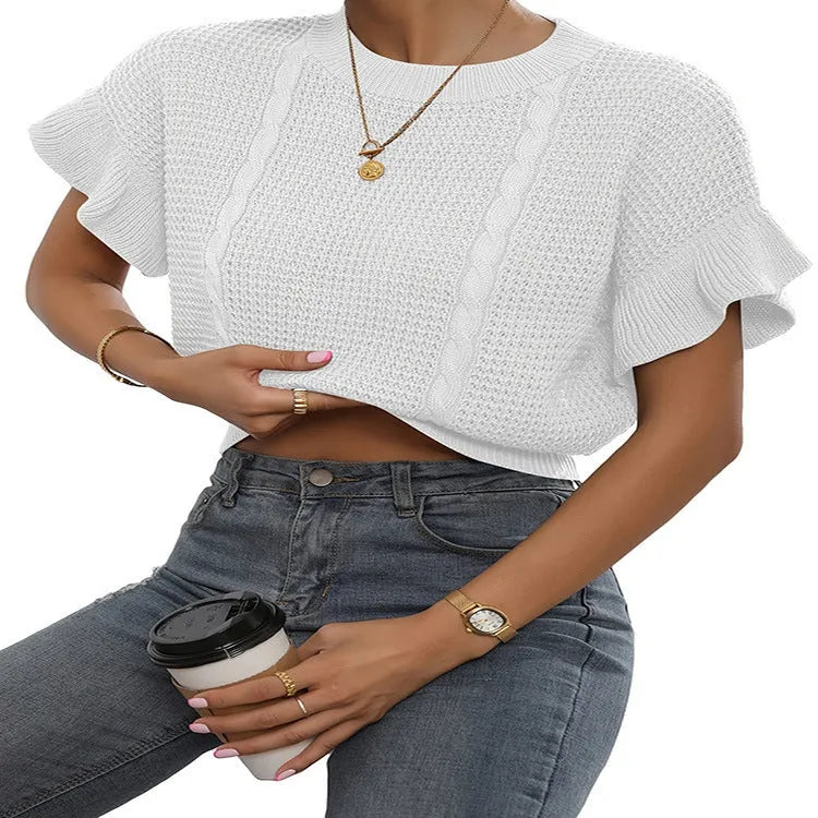 Twisted string pattern knitted sweater with ruffled short sleeves and round neck in dark brown colour