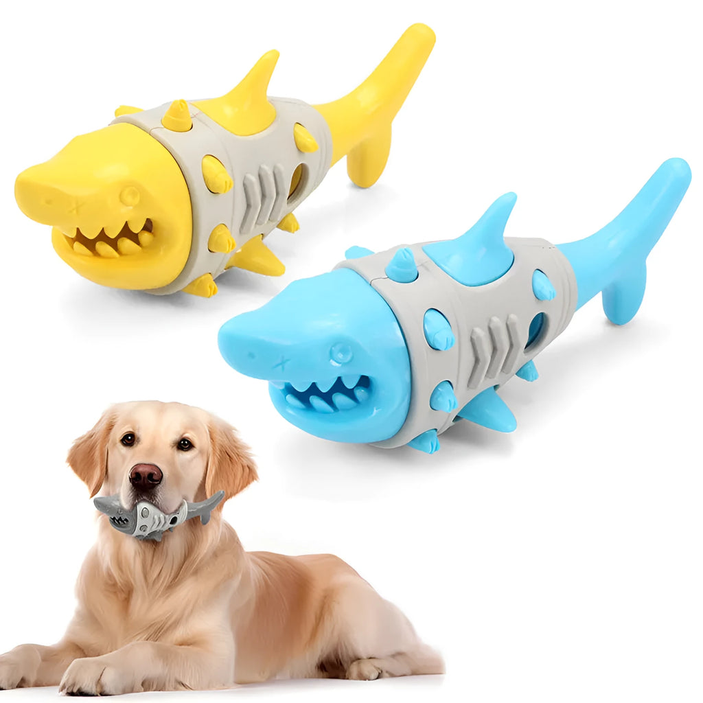 Blue shark tooth dog teething toy with textured cleaning surface