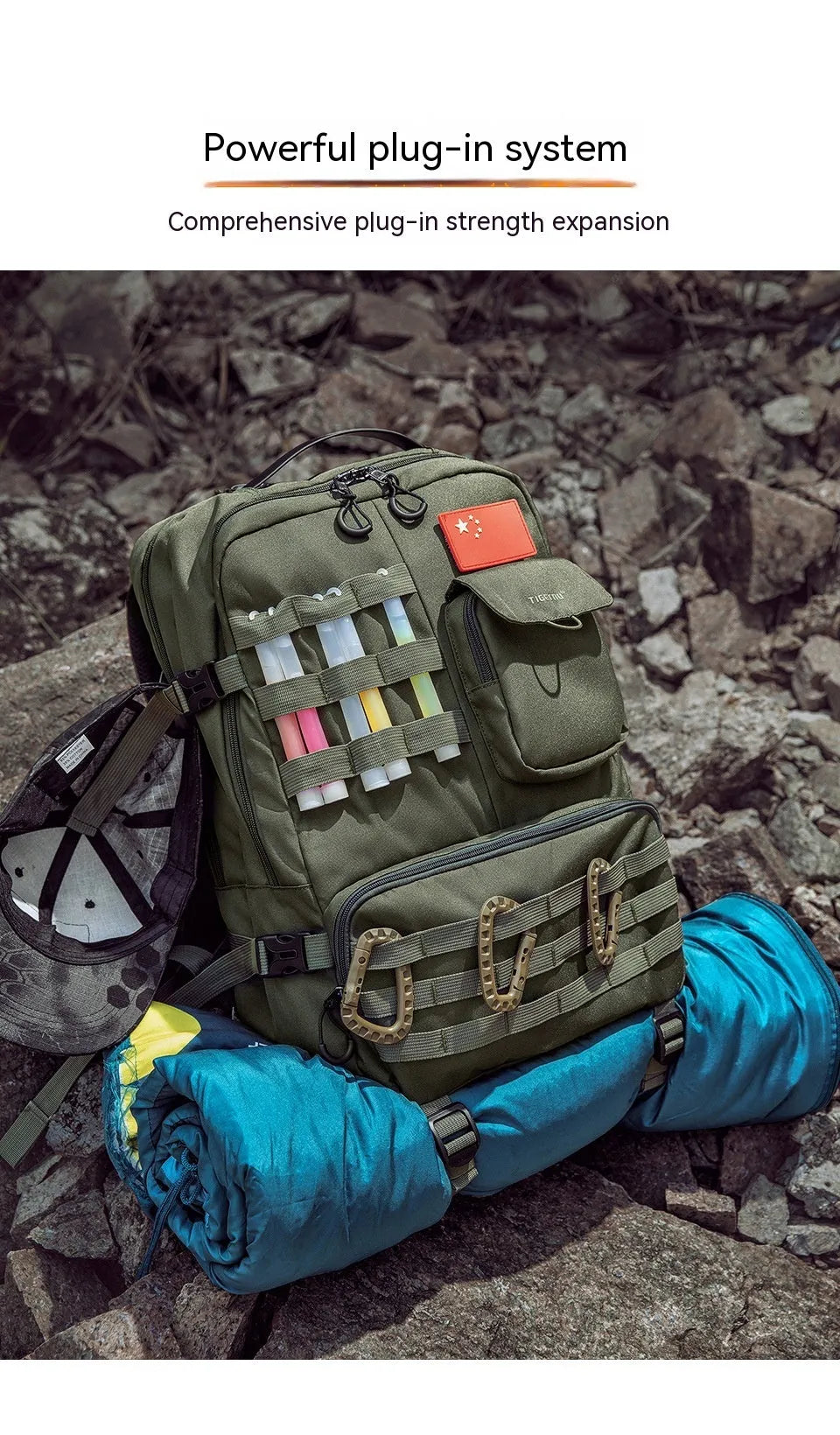 Army Green tactical backpack with waterproof nylon construction showing 17-inch height and organisational compartments