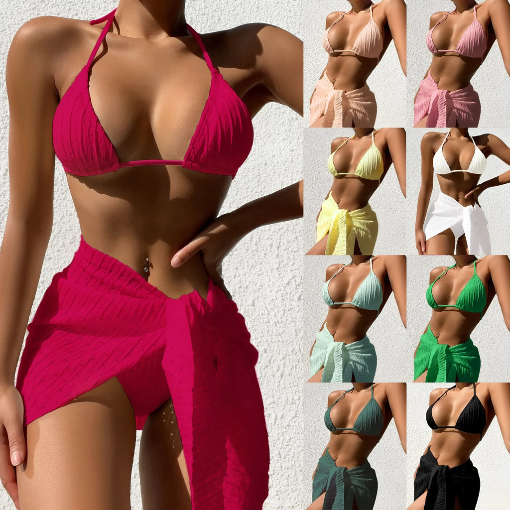 Women's solid colour halterneck bikini set with backless design and mesh skirt.