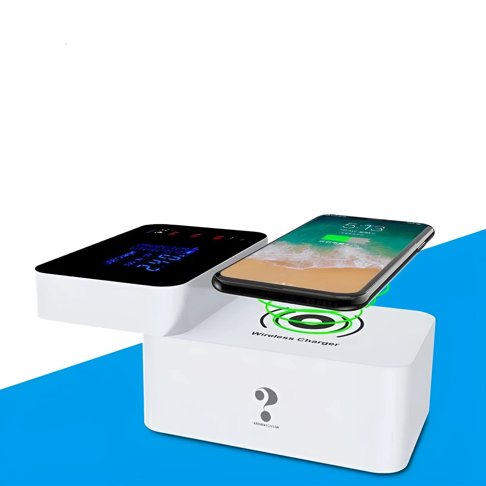 White multi USB and wireless fast charger with UK plug and international travel adaptors