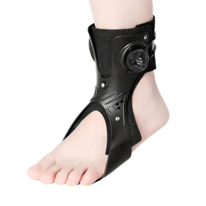 Adjustable airbag button ankle support brace shown in grey colour, designed for left or right foot.