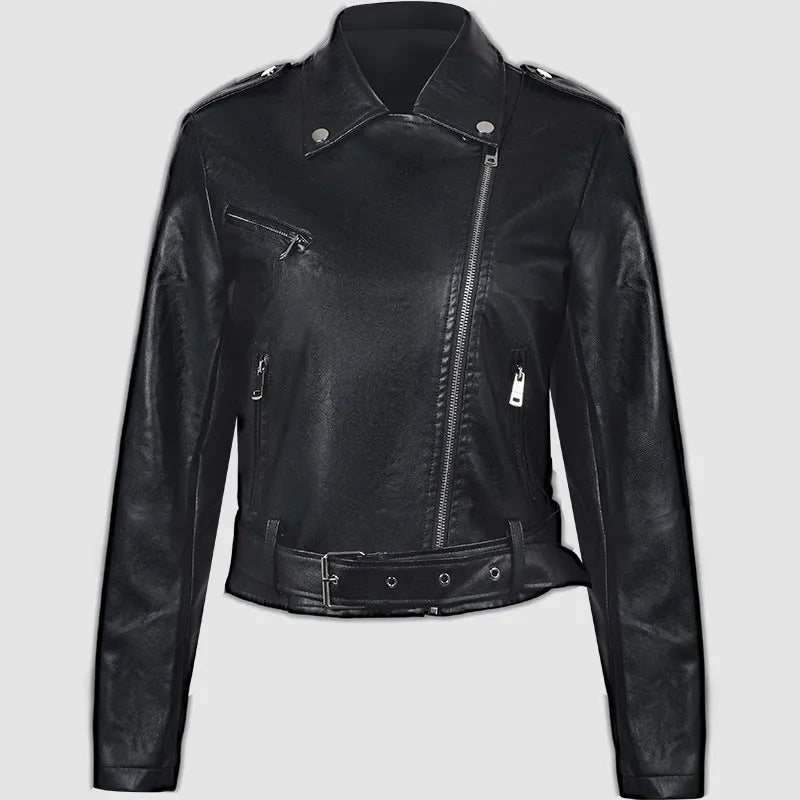 Women's black PU leather motorcycle-style jacket with lapel collar and waist belt on a hanger.