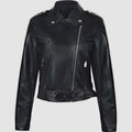 Women's black PU leather motorcycle-style jacket with lapel collar and waist belt on a hanger.