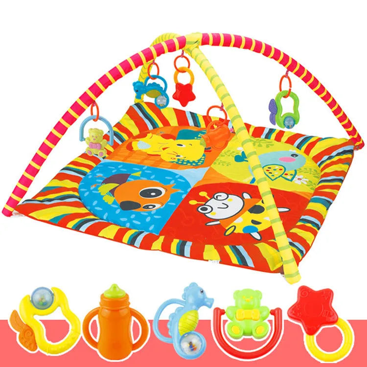 Baby play mat with colourful animal patterns on soft velvet fabric for crawling and floor play.