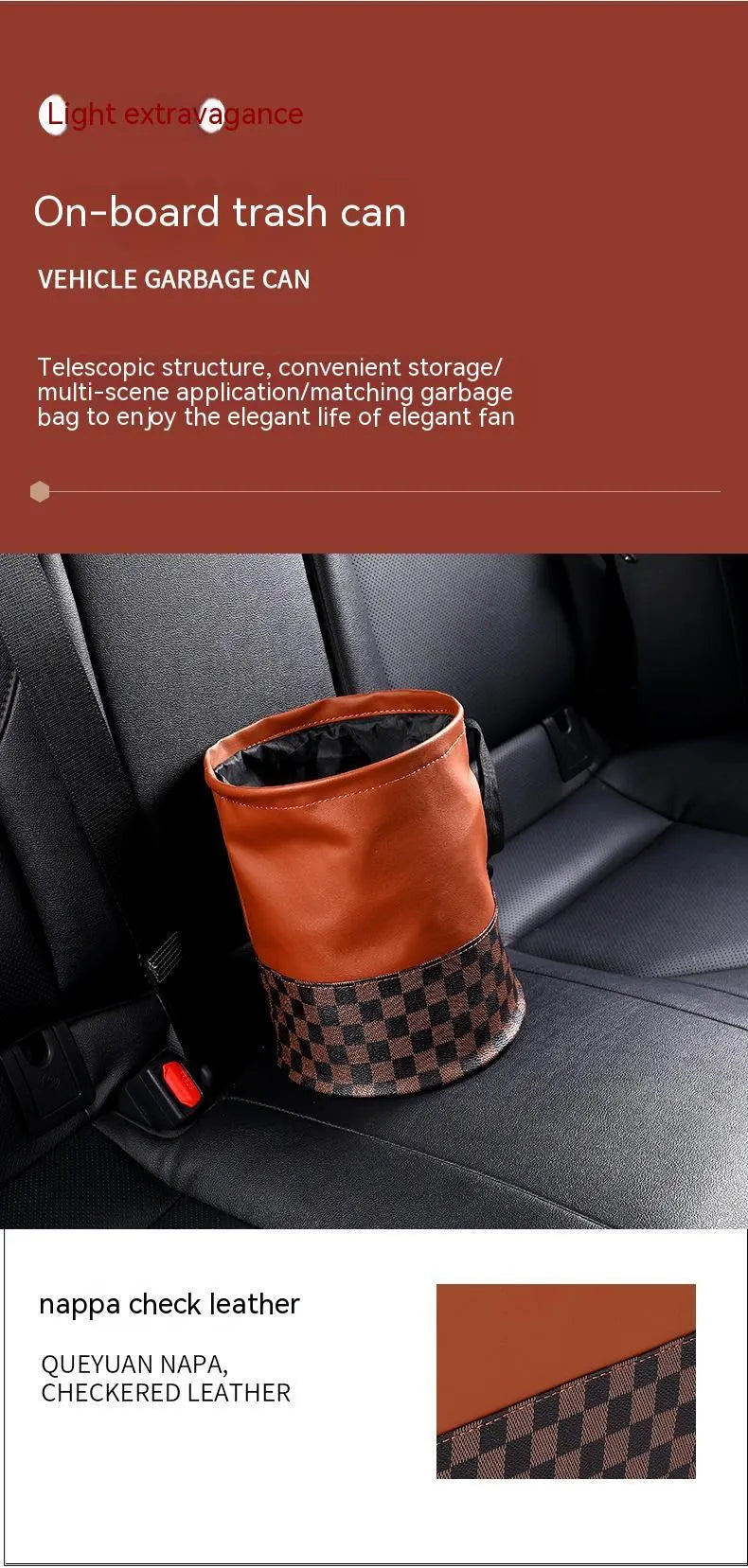 Brown leather car trash can with a handle, shown in folded and unfolded states