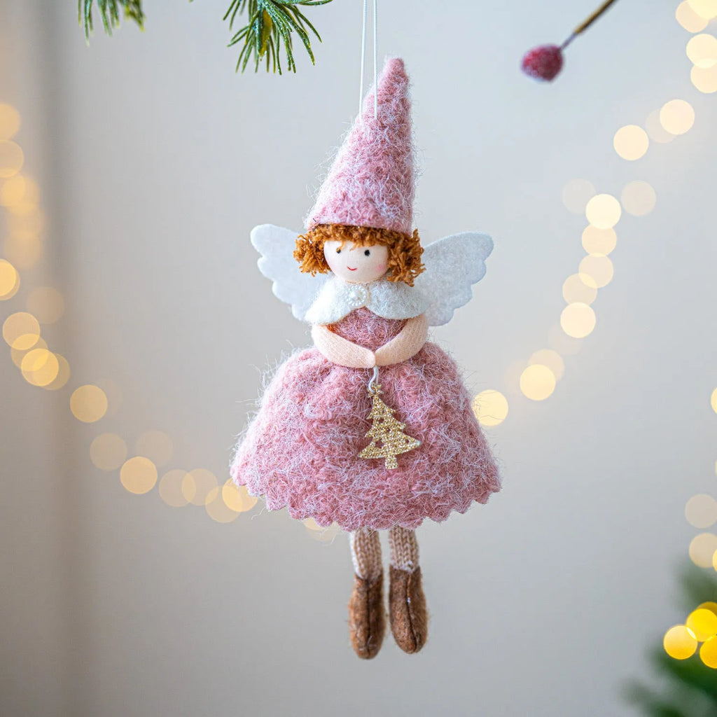 White and pink cloth Christmas angel skirt felt pendant with plush decoration hanging ornament