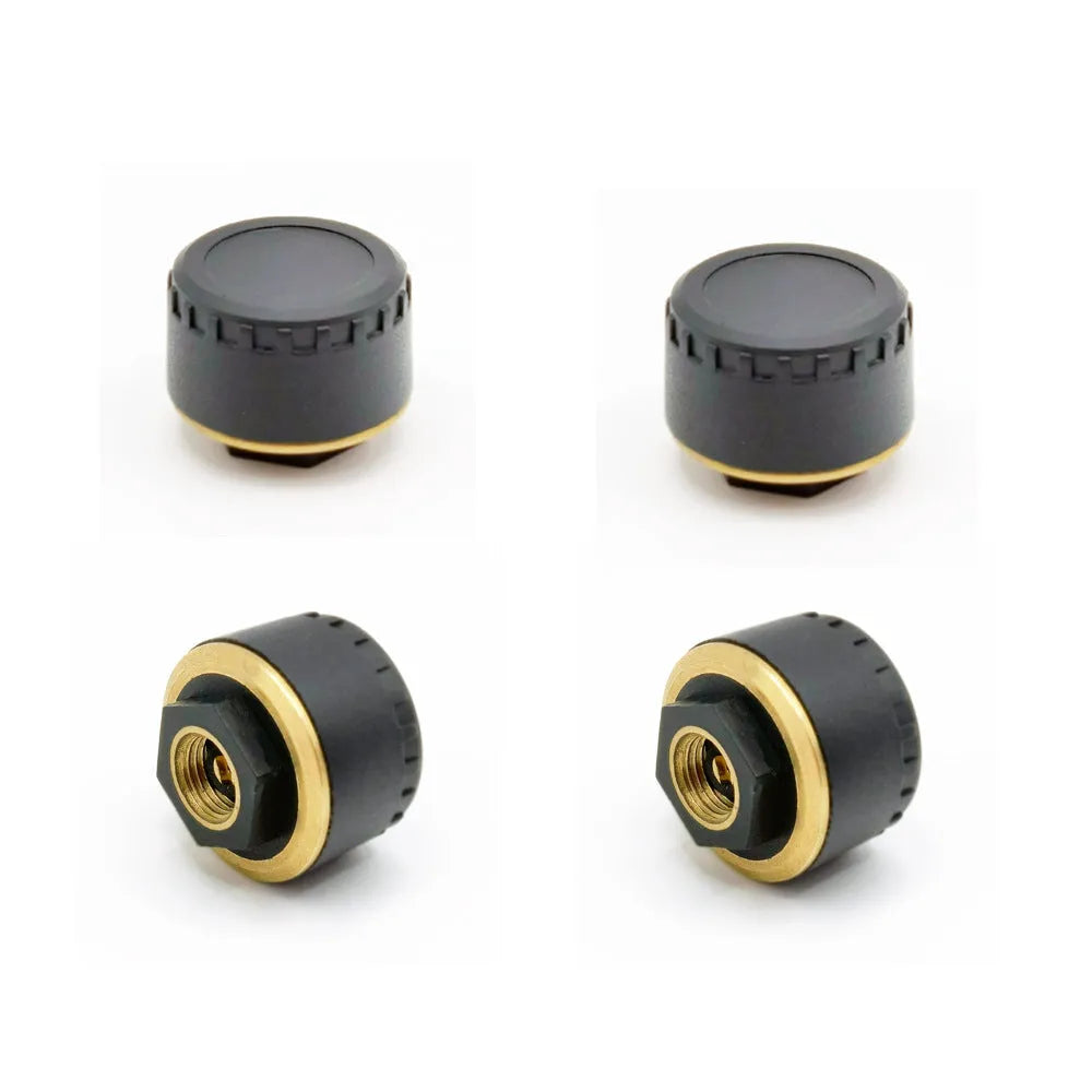 Four black Bluetooth tyre pressure monitors for mobile phone display with IP67 waterproof rating