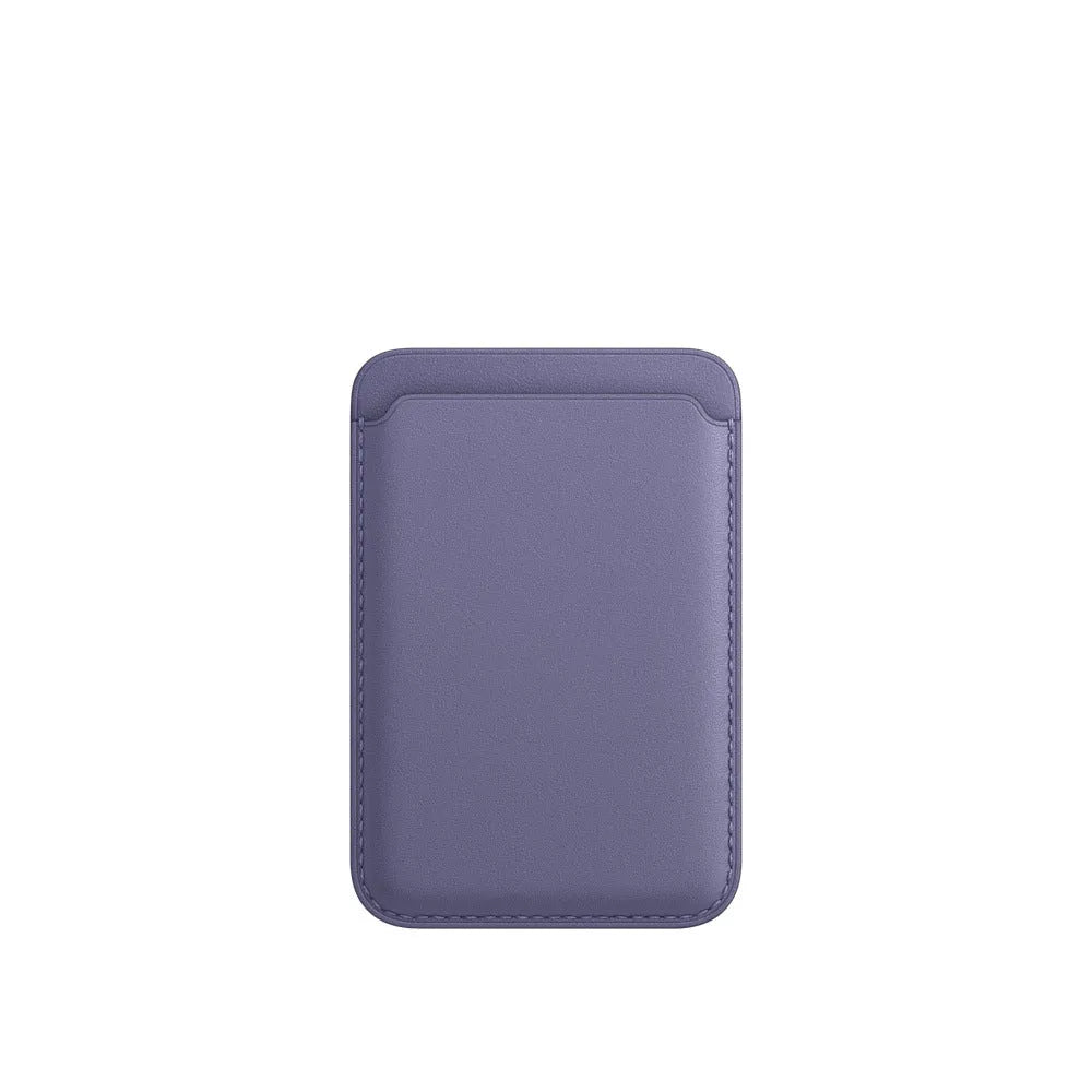 MagSafe-compatible iPhone case in PU leather with an integrated magnetic card holder, shown in dark blue.