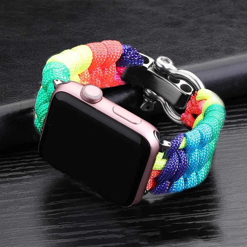 Nylon Apple Watch Strap with Woven Steel Buckle – Compatible with 38/40/42/44/45/49mm – Unisex Sports Band in Multiple Camouflage and Solid Colours – Black, Blue, Green, Red, Rainbow Options Available Including Connector Pieces