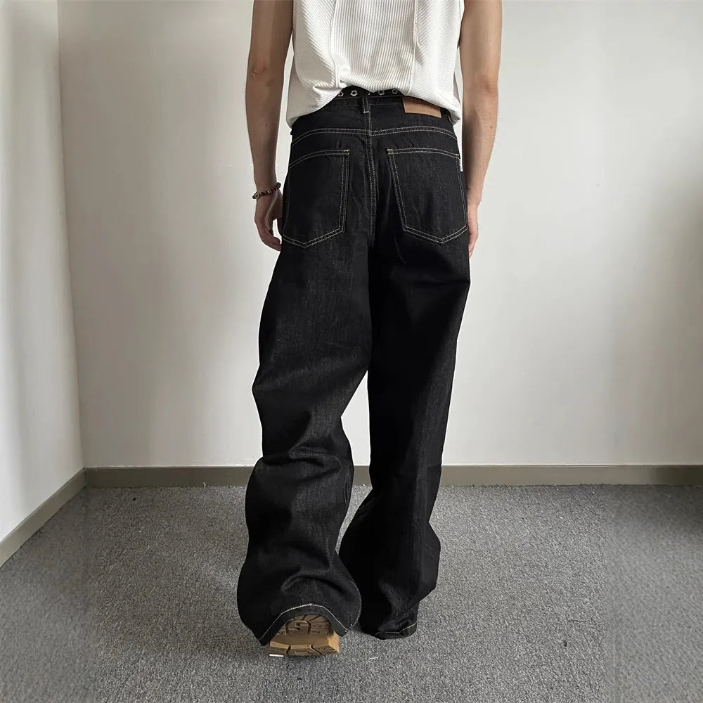 Black retro loose wide-leg straight-leg jeans on a model.
