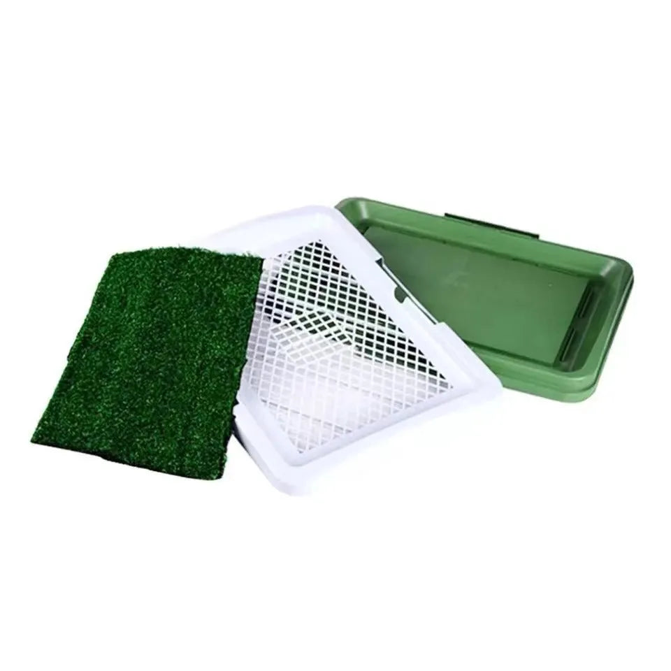 Green artificial grass dog toilet training tray with three-layer construction for indoor puppy potty training