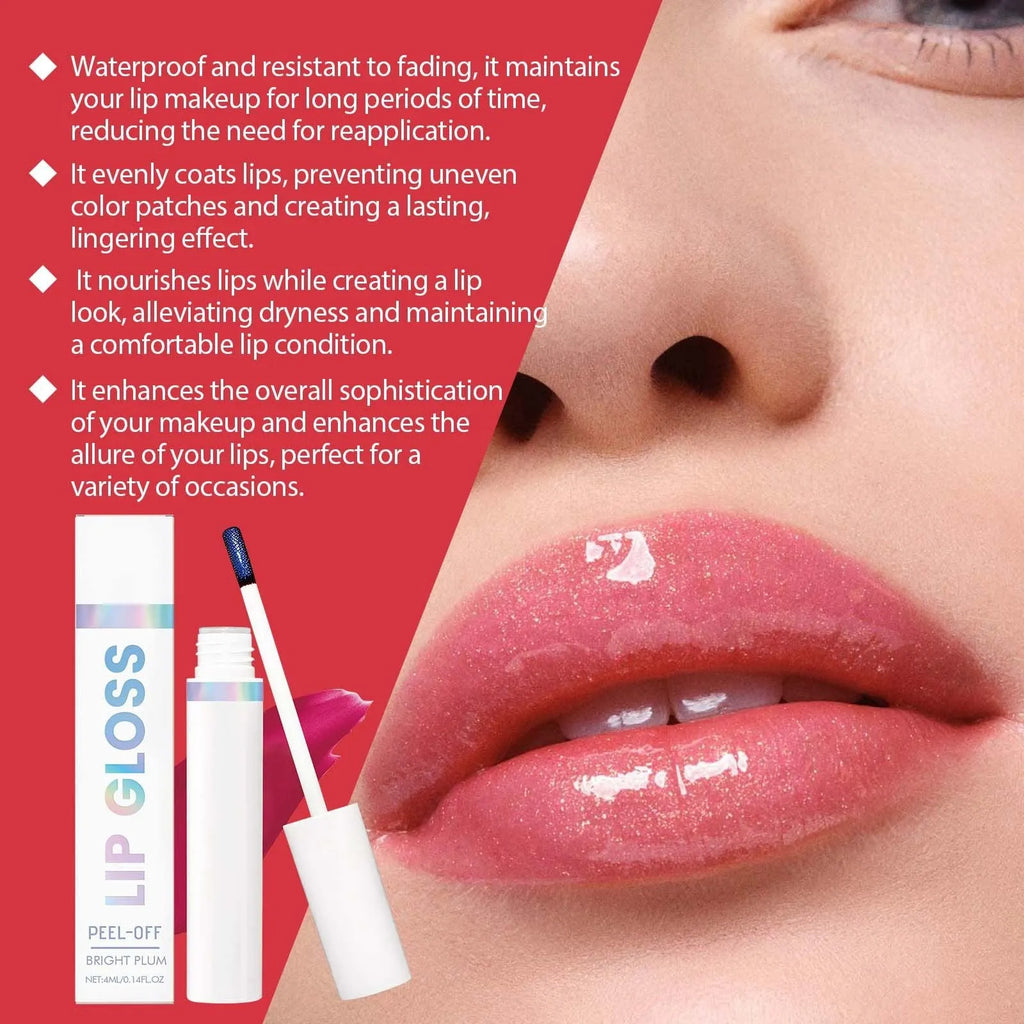 Moisturising glossy lip gloss in bright plum shade with 4ml tube and compact dimensions