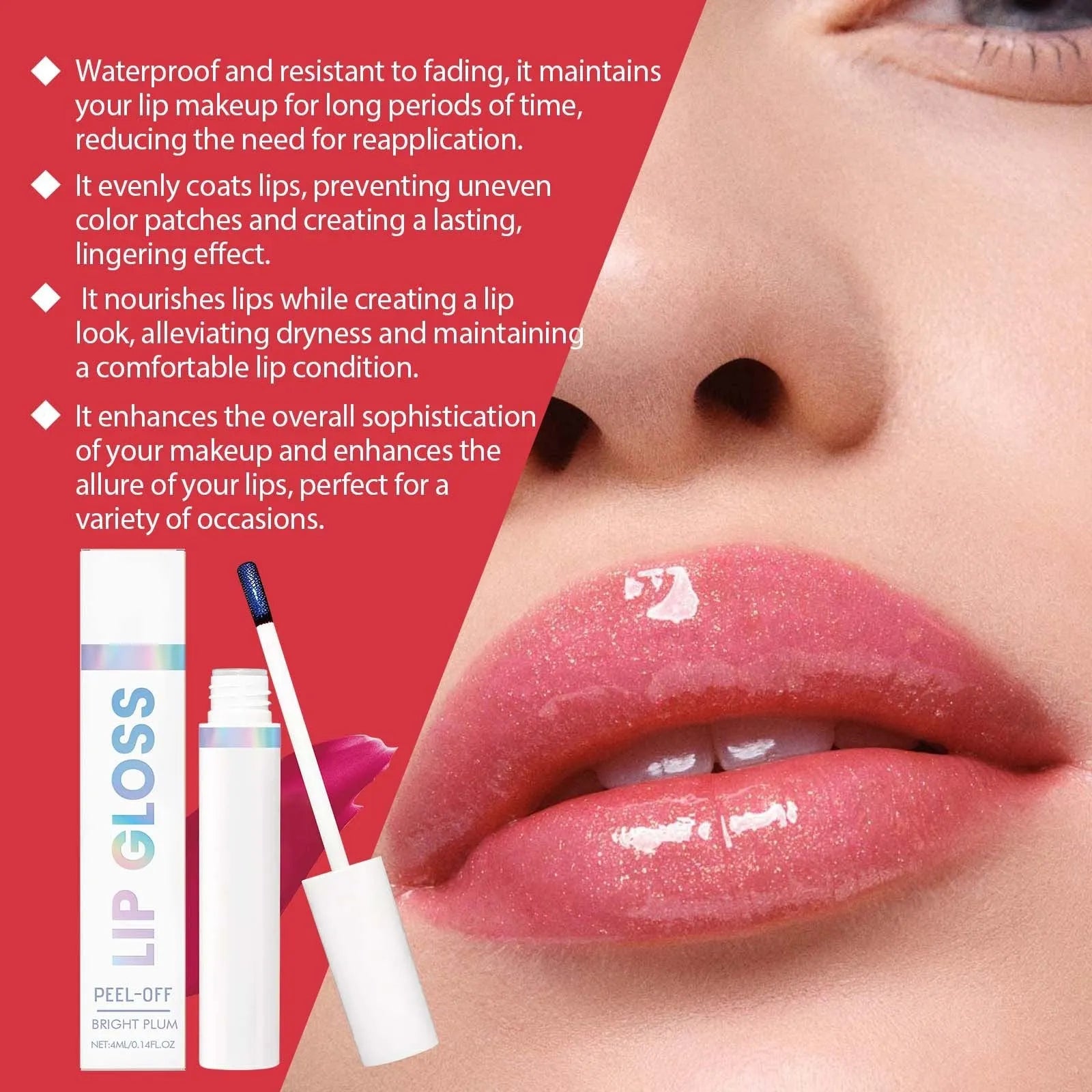 Moisturising glossy lip gloss in bright plum shade with 4ml tube and compact dimensions