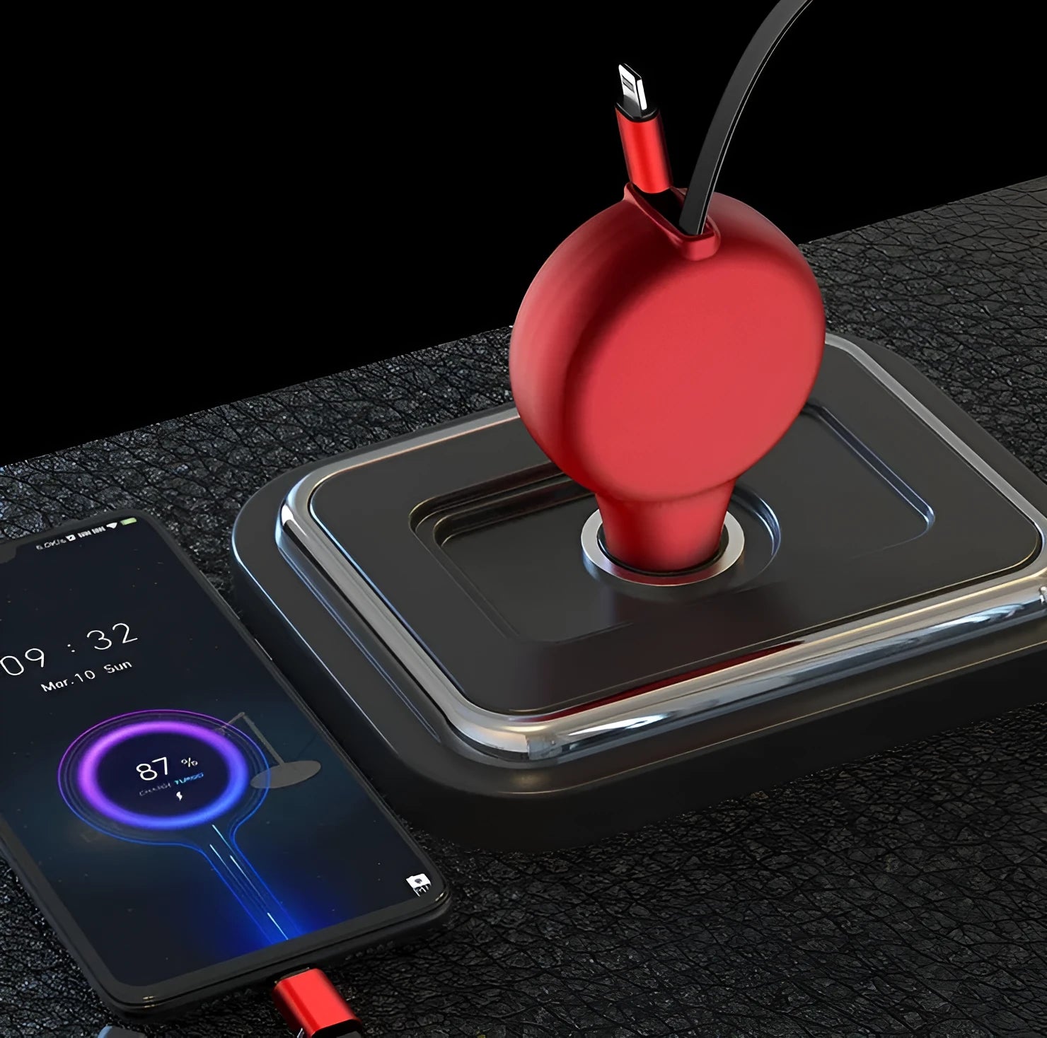 Black retractable dual-port car charger with extended cables showing Type-C and USB charging heads