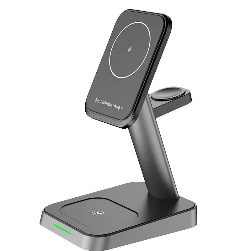 Black cubic 3-in-1 vertical wireless charger and portable power bank on a desk.