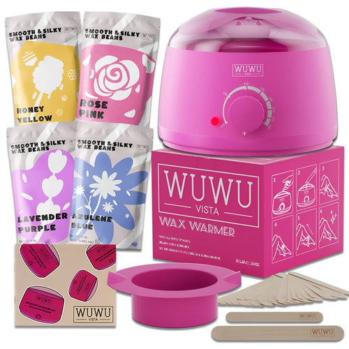 27 piece hair removal wax kit with four colour wax beads, heating machine, and application sticks