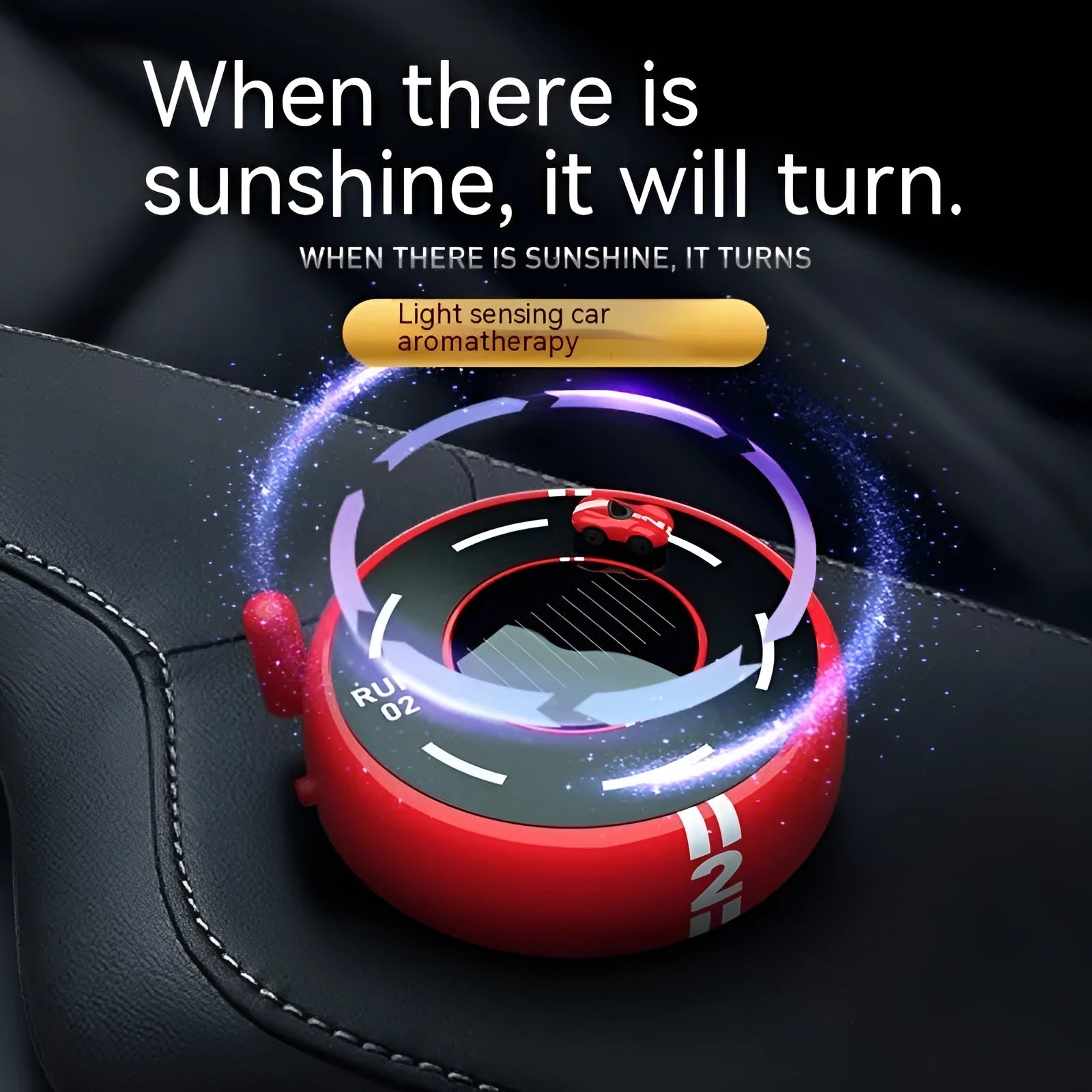 Round modern car model air freshener decoration in black, with solar panel and USB port.