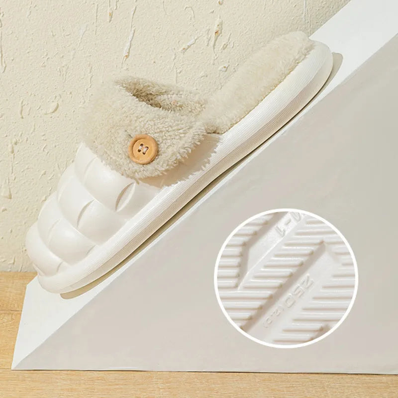 Plaid patterned detachable slippers with a warm plush lining and a textured EVA nonslip sole.