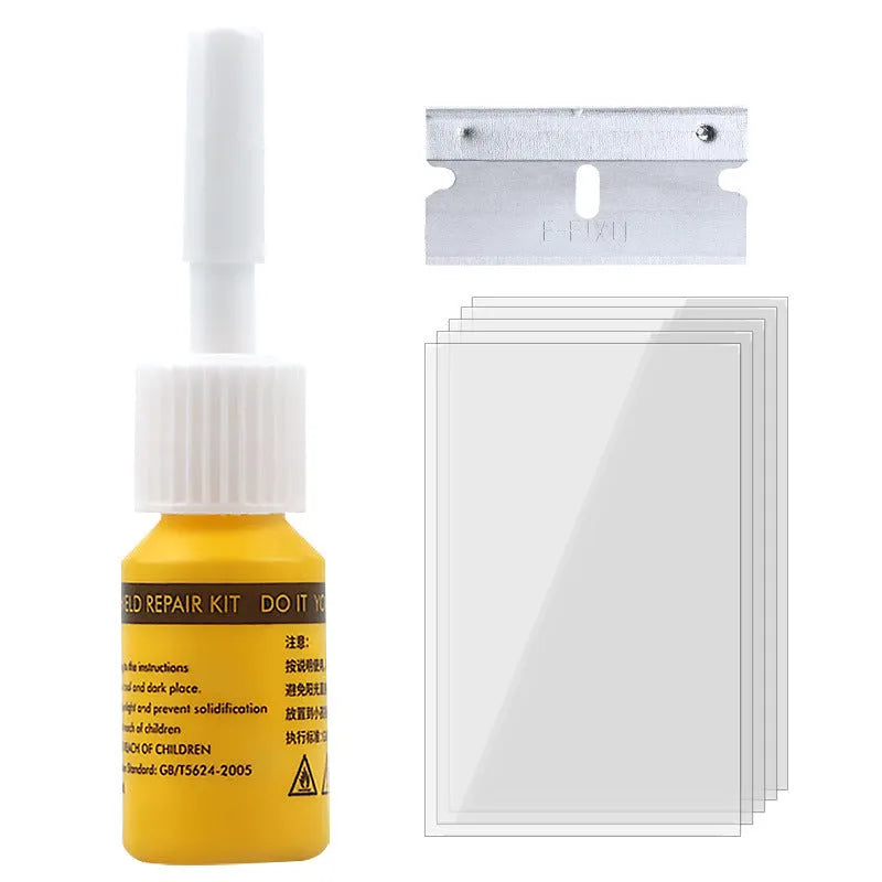 Yellow three-piece car windscreen repair kit with glass repair liquid