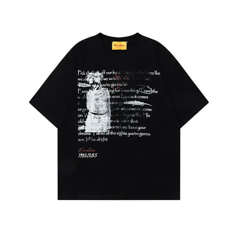 Men's black loose fit cotton T-shirt with white letter printing and raglan sleeves for retro hip hop style