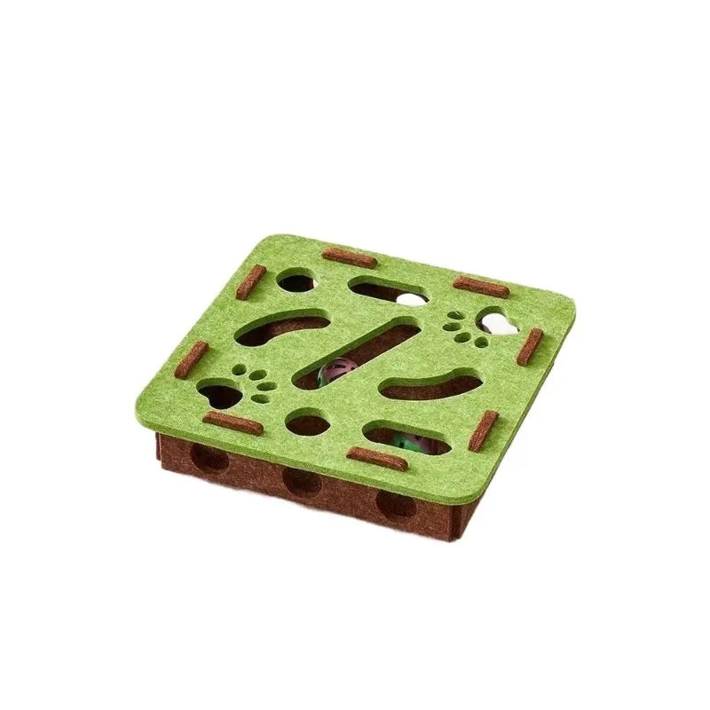 Square green brown felt cat toy box with hole for pawing play