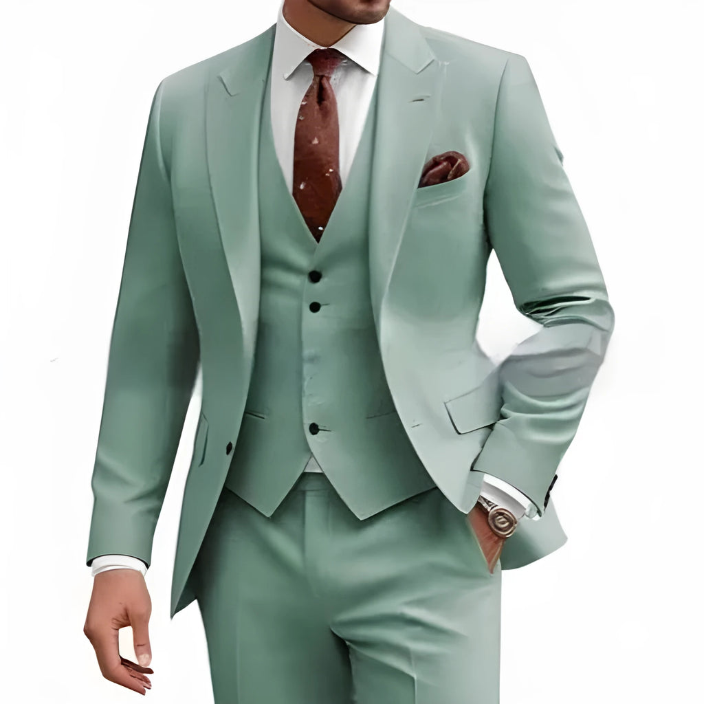 Men's slim fit three-piece suit in a choice of nine colours including bright red and khaki.