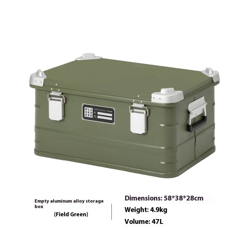 Field Green aluminium alloy outdoor storage box for camping and vehicle-mounted gear, size 58x38x28 cm