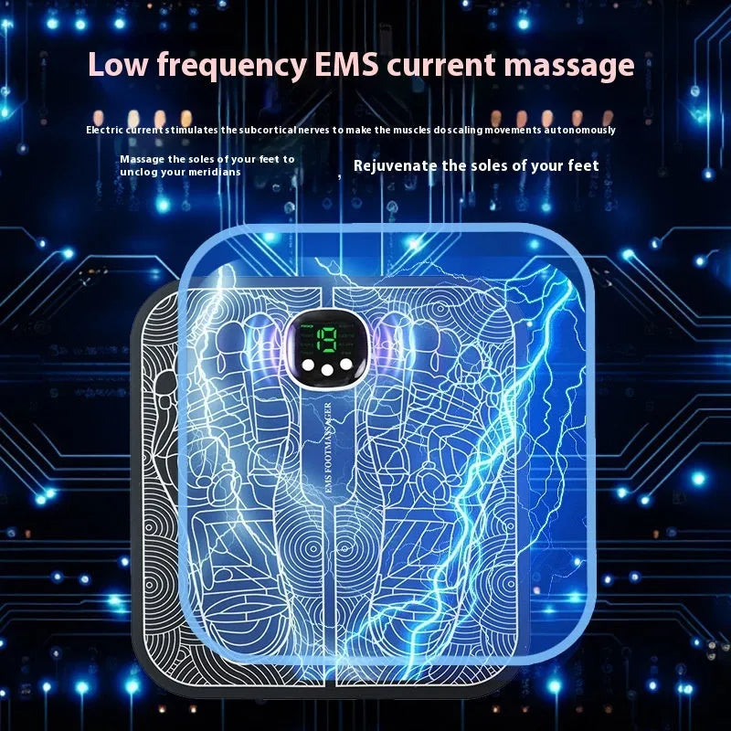 USB rechargeable reflexology foot massager mat with remote control and orange foot pad.