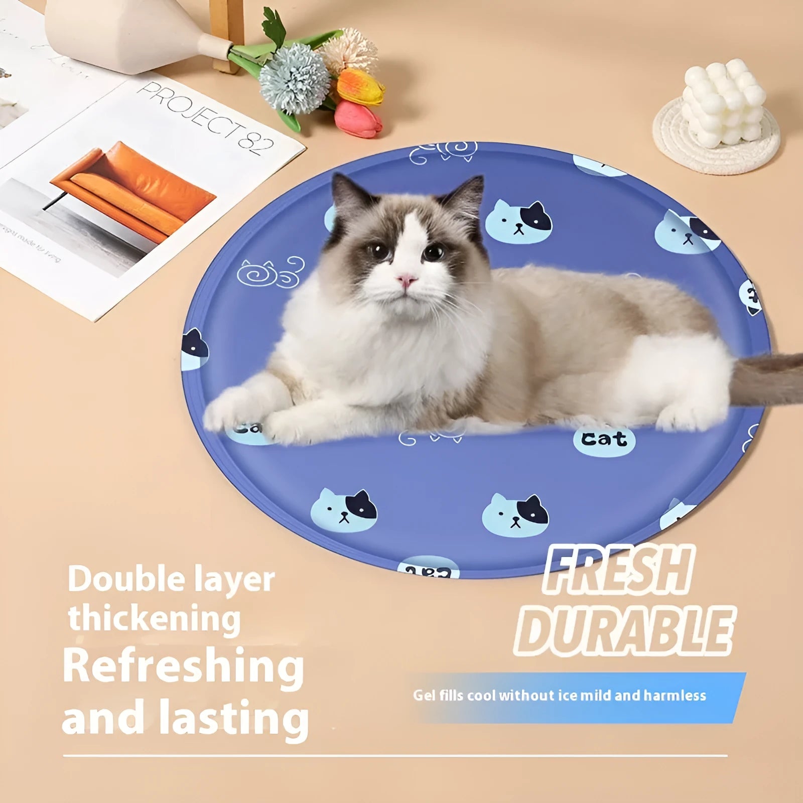 Round dog cooling mat with cartoon animal print showing gel interior and cloth cover