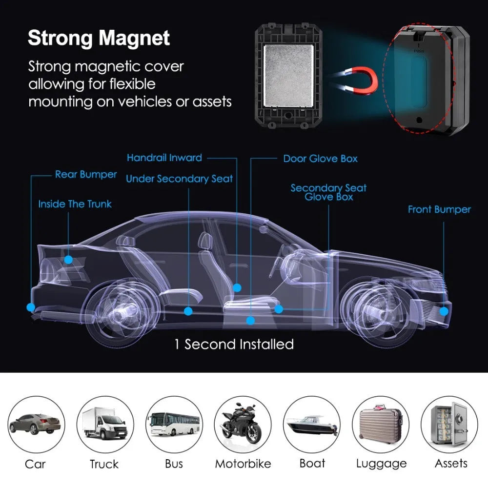 Black GPS car locator device with a 6000mAh battery and ceramic antenna.