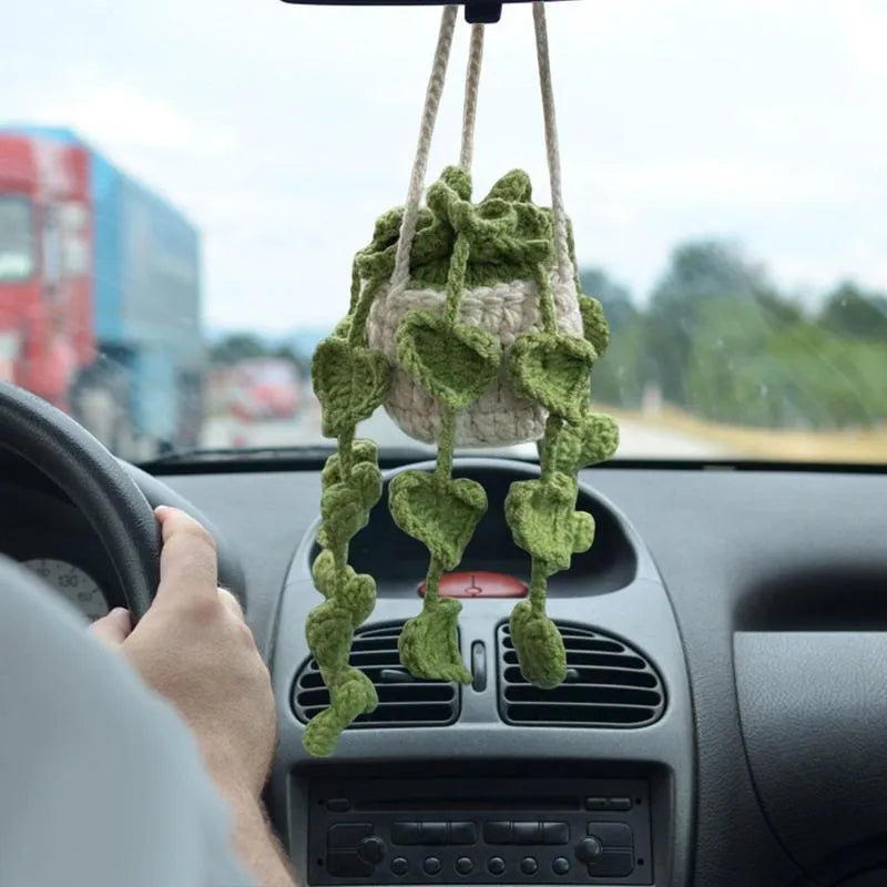 Green and white knitted wool succulent car ornament with 8cm base and hanging cord