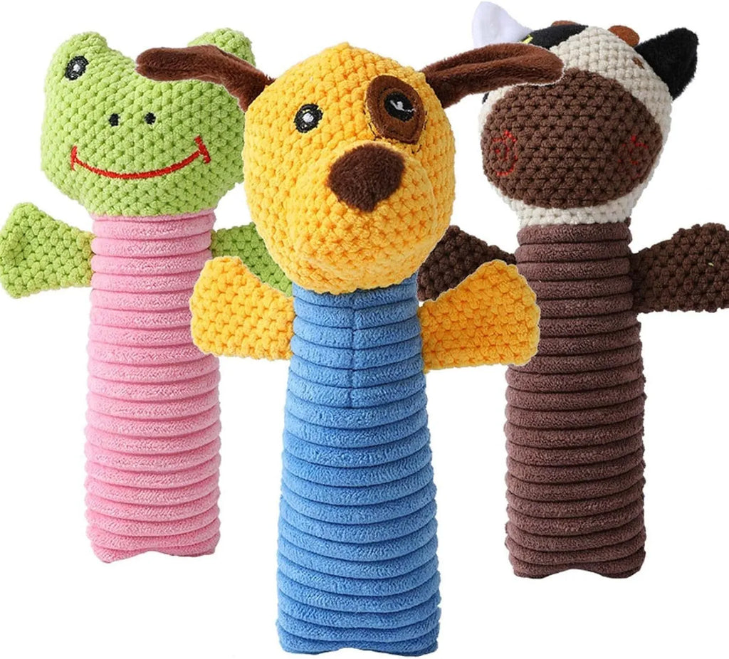 Dog squeaky chew toy in stuffed animal shape for dental cleaning and teething relief