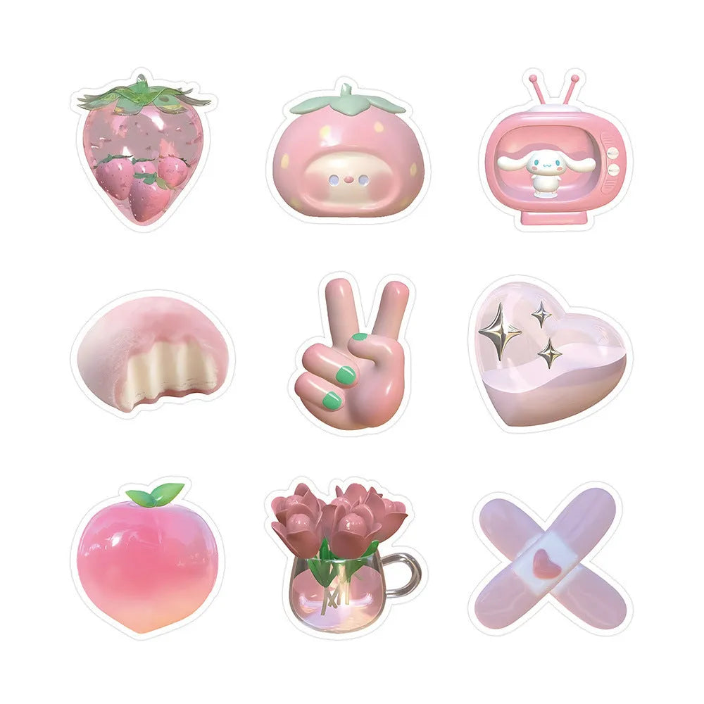 63 piece set of pink 3D girl heart decorative stickers in cute style on a sheet.