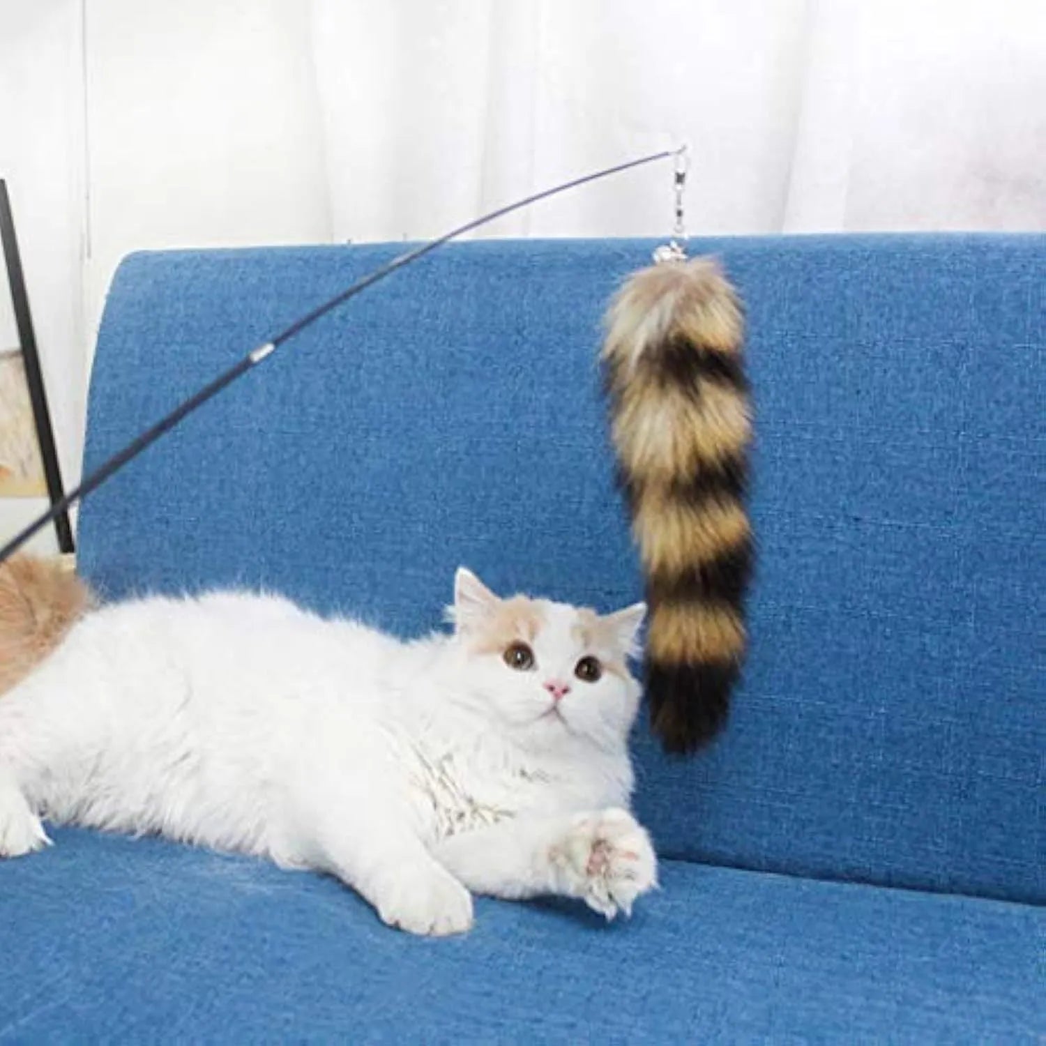 Black cat toy wand with extended elastic string for interactive teaser play