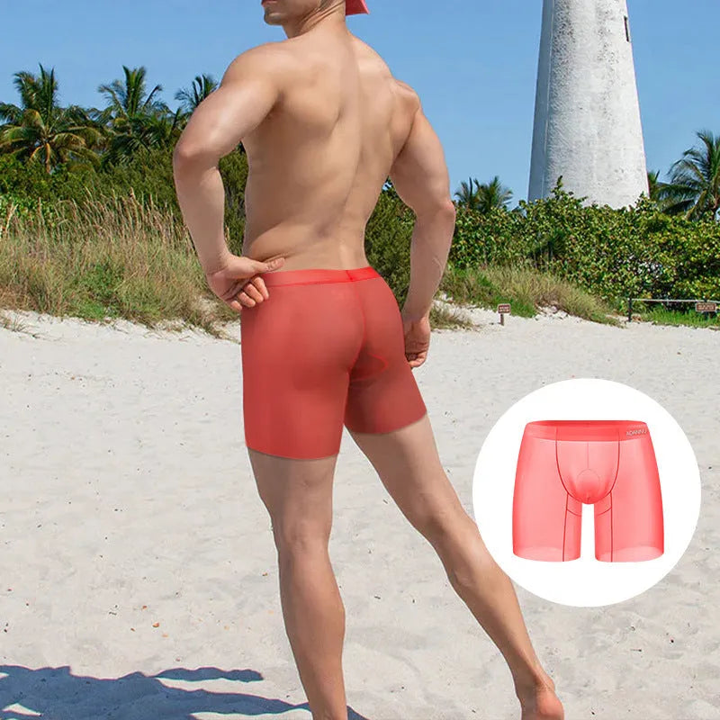 Men's ice silk boxers in orange, pink and red colours showing low waist design