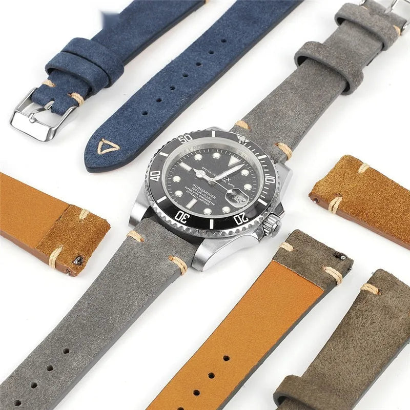 Suede genuine leather watch strap in brown, blue, gray, and Army Green colours for 20mm and 22mm watches