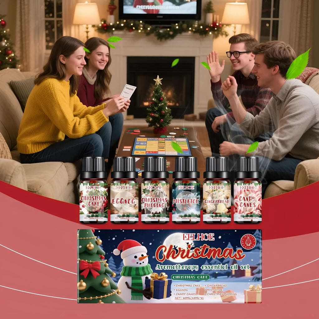 Christmas aromatherapy oil set showing six bottles including 60ml and 10ml sizes
